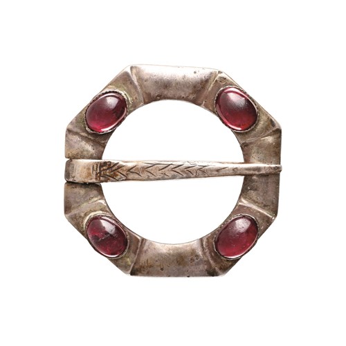 A Medieval Cloak Pin of Octagonal Form with Four Polished Garnets